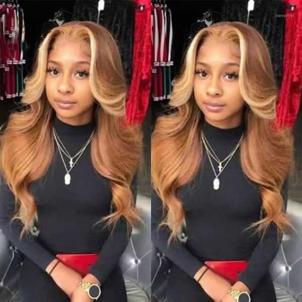 

long wave 613highlight blonde middle part remy13x4/6 lace front wig for black women with babyhair natural headline glueless wigs1, Black;brown