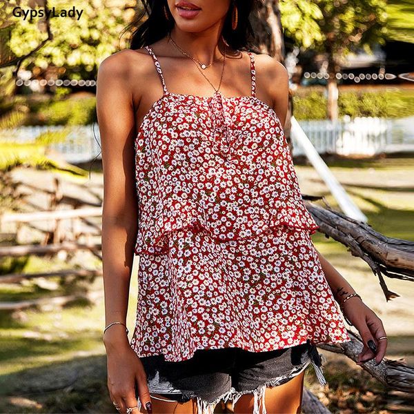 

gypsylady boho floral print blouse tank strap vintage chic ruffles sleeveless holiday casual beach women shirt women's blouses & sh, White