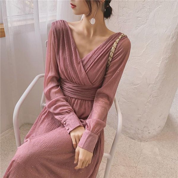 

casual dresses vintage elegant women dress v-neck a-line pleated party vestidos 2021 slim high waist long femme clothes my1914, Black;gray