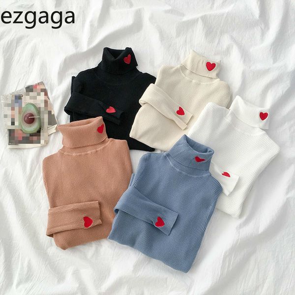 

ezgaga love embroidery turtleneck basic sweater pullover women fashion slim sweet girl korean chic female autumn jumper 210430, White;black