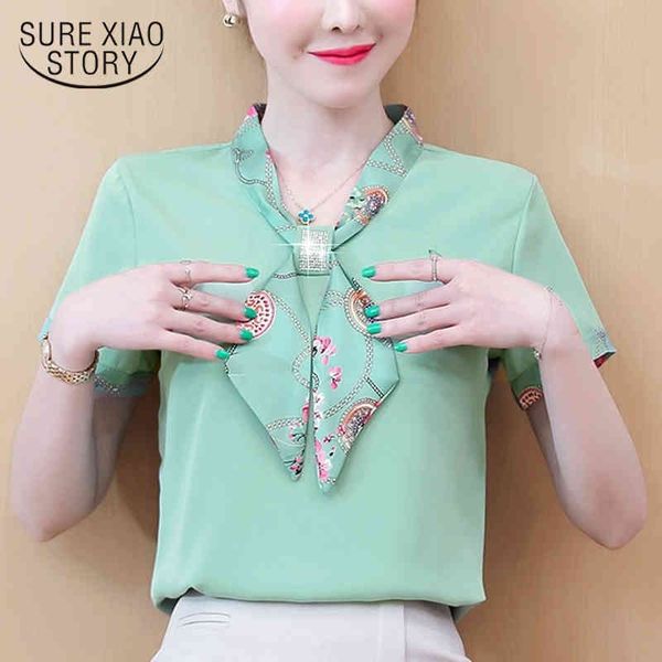 

solid printrd bow diamond-shirt clasical blouse women spring and summer leisure short sleeve wild chiffon 9528 210508, White