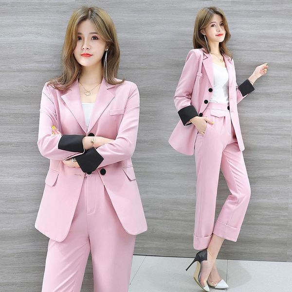 

women's suit 2021 autumn and winter single-breasted solid color professional wear fashion trousers two-piece two piece pants, White