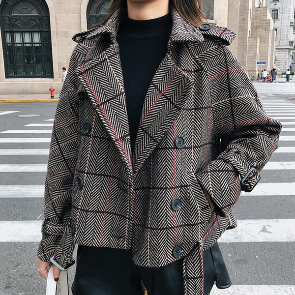 

women's jackets ailegogo autumn women short plaid jacket casual harajuku style bf coat 2021 thickness warm epaulet button pocket, Black;brown