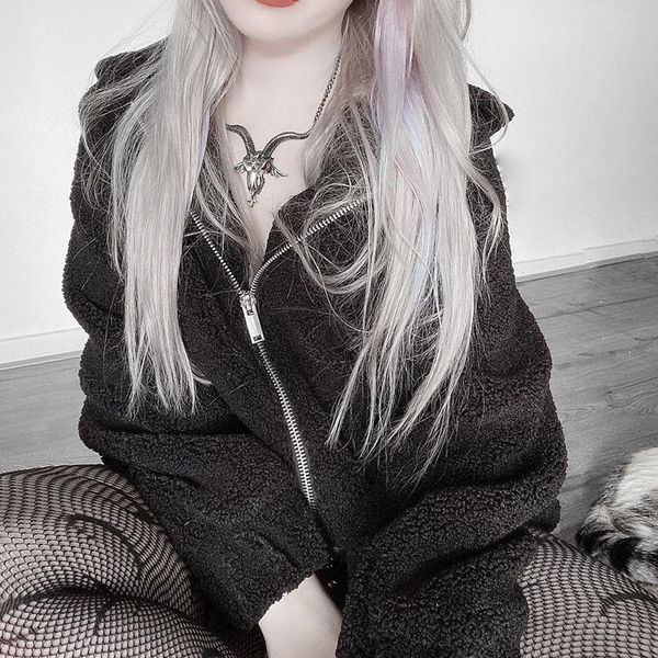

streetwear overcoat fleece outweargothic wings print lamb wool autumn winter jacket women zipper hooded coat fluffy, Black;brown