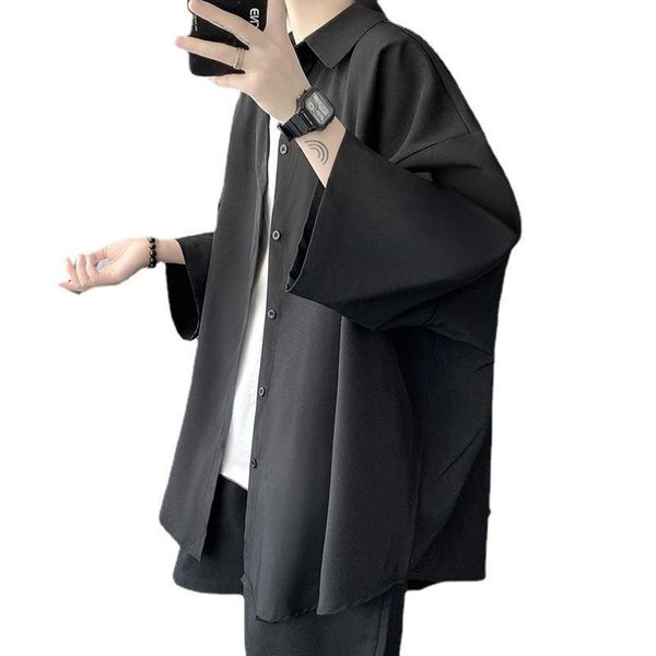 

men's casual shirts ice silk short sleeve coat camisa streetwear summer down feeling shirt men korean fashion ruffian handsome 5-sleeve, White;black