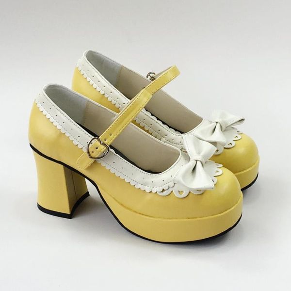 

dress shoes 7.5cm high heels yellow bow crossed strap lolita princess girl leather cosplay party, Black
