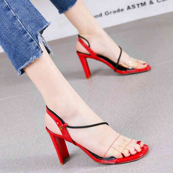 

sandals summer transparent red girl small fresh fashion open toe thick with high heels female fairy sandals, Black