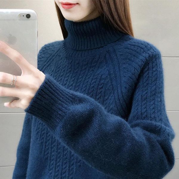 

women's sweaters 2021 autumn winter warm turtleneck sweater women loose all-match solid bottomed jumpers thicken long sleeve knitted pu, White;black