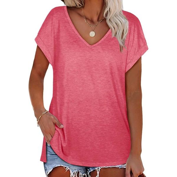 

women's t-shirt 2021 summer women solid color split v-neck short-sleeved ladies fashion casual loose streetwear elegant tee-shirts, White