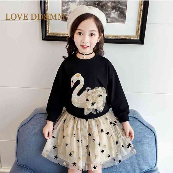 

love dd&mm girl dresses autumn girls clothing sweet swan sequin + mesh star skirts girl clothes 210715, White