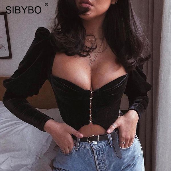 

sibybo strapless velvet crop women spring long sleeve v-neck short women tshirt black slim casual t-shirt women 2021, Black;white