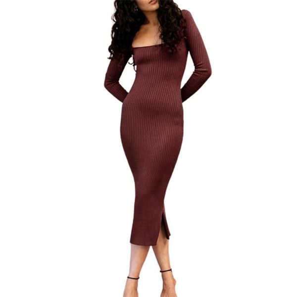 

casual dresses square collar solid color knitted dress autumn split hem ribbed women midi knitwear, Black;gray