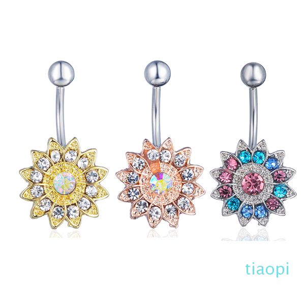 

d0691 ( 4 color ) clear ab sunflower style navel button ring piercing body jewlery 1.6*11*5/8 belly ring body jewelry, Silver