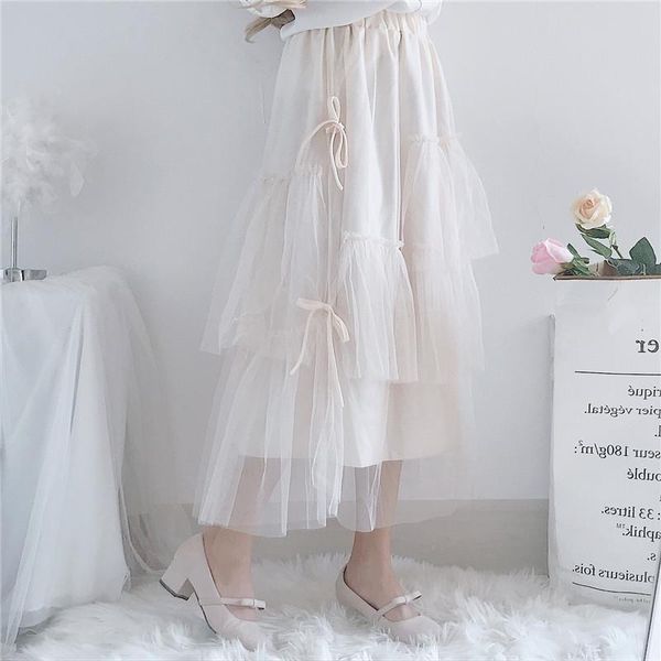 

women irregular long mesh pleated skirts elastic high waist ruffled vintage tiered tulle ins skirt tutu, Black