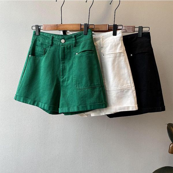 

women's shorts fitaylor summer office lady loose high waist pocket casual women solid color green white button fashion, White;black