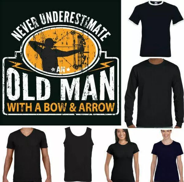 

never underestimate of old man with bow arrow mens funny archery t, White;black