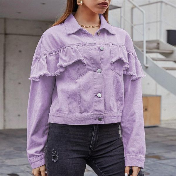 

women's jackets denim long sleeve ruffles short coats streetwear women autumn arrival vintage jean jacket female casual outwear, Black;brown