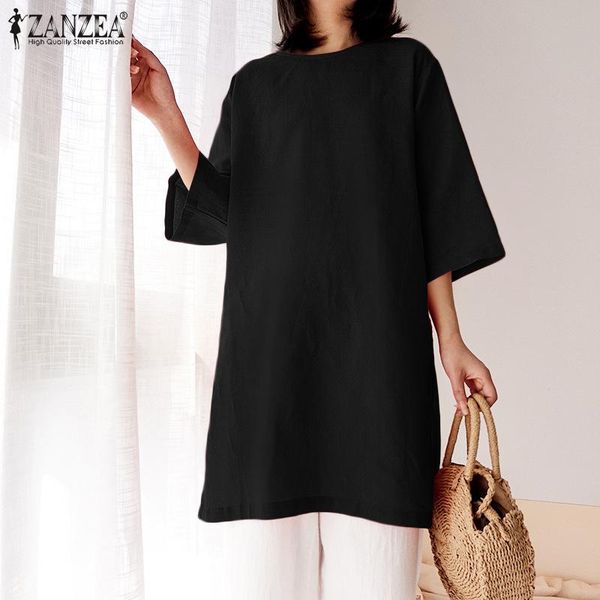 

women's blouses & shirts zanzea women shirt 2021 autumn solid color six quarter sleeves casual cotton blouse chemise blusas femme eleg, White