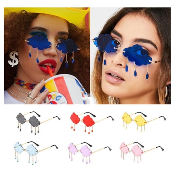 

wholesale rimless sunglasses women 2021 vintage clouds tassel candy color blue red punk sun glasses men party shades uv400 bulk, White;black