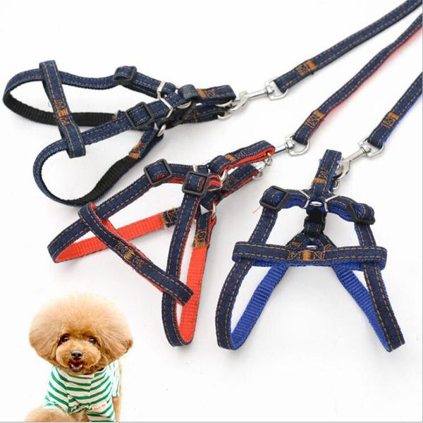 

dog collars & leashes adjustable bilayer denim jeans puppy vest harnesses lead set cowboy traction rope strong leash collar 1pcs