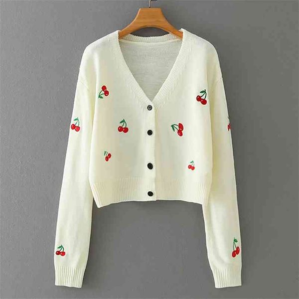 

spring 100% cotton v-neck white solid cartoon appliques slim single breasted button casual women sweater 210524