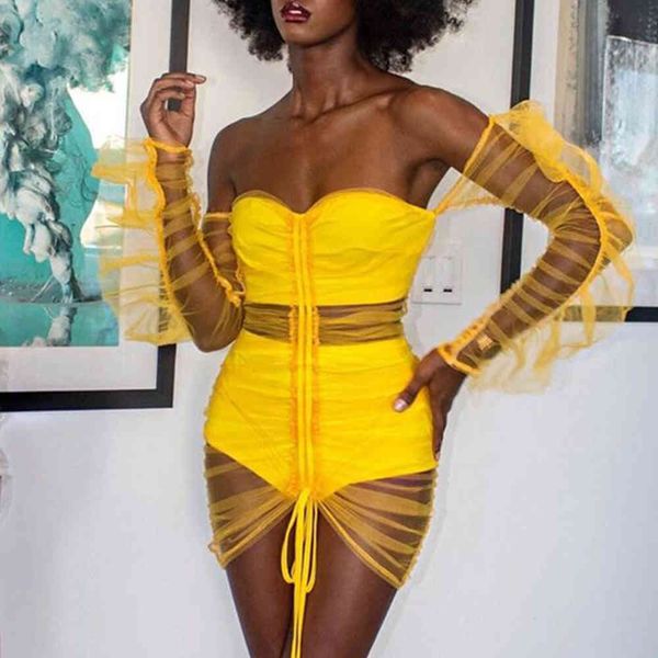 

summer women yellow lace off shoulder club party dress long puff sleeve evening celebrity runway mini 210423, Black;gray