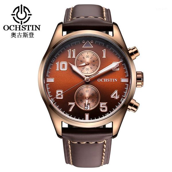 

men watch ochstin luxury brand genuine leather men's quartz sport military wrist male clock relogio wristwatches, Slivery;brown