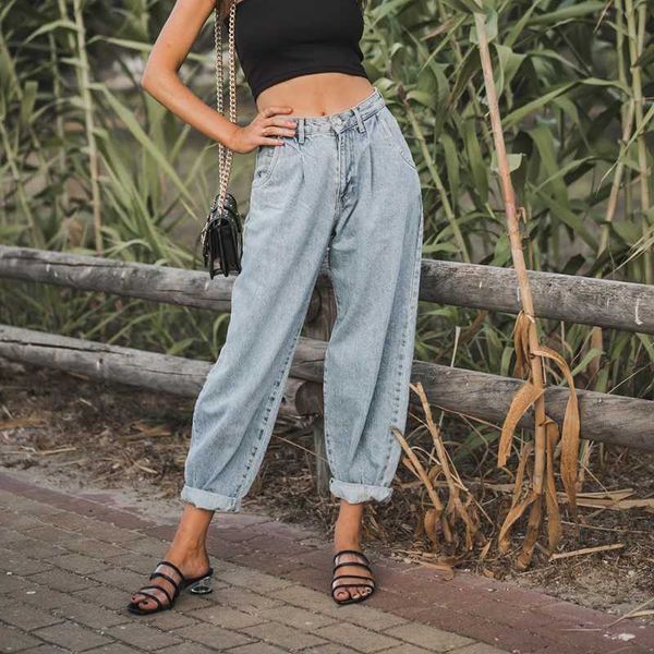 

women's jeans women harem pants streetwear pleated mom feamle casual loose boyfriend ladies denim daily wear a0li, Blue