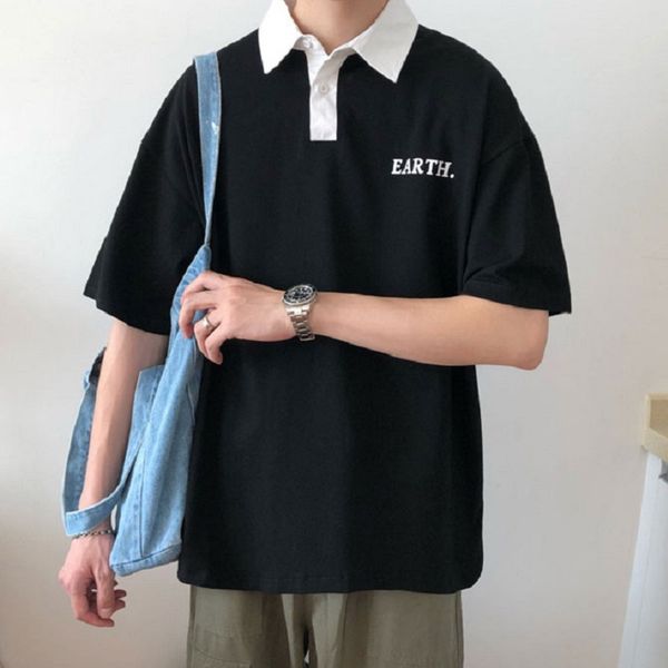 

net red polo shirt men's trendy brand ins lapel t-shirt men's short-sleeved trend handsome hip-hop half-sleeved loose casual top, White;black