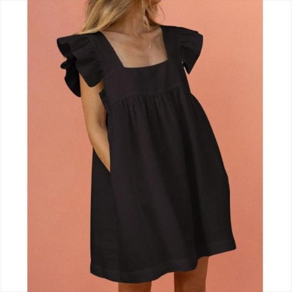 

summer loose square neck womens dresses ruffle pocket butterfly sleeve beach for woman vestido de mujer femme robe, Black;gray