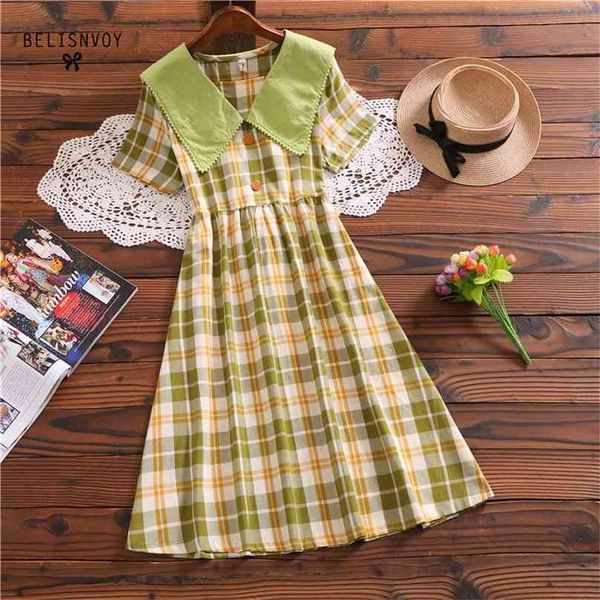 

summer japanese mori girl dress square collar avocado green plaid vestidos mujer short sleeve elegant bow sashes cotton dresses 210520, Black;gray