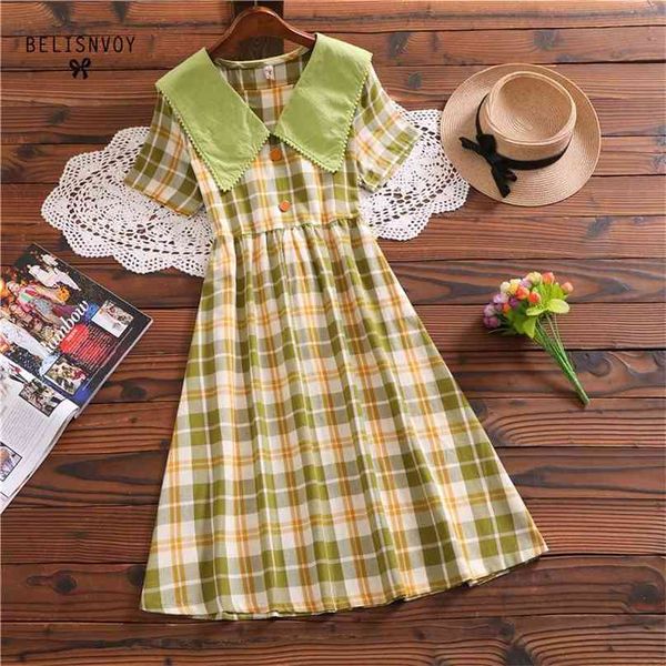 Verão Japonês Mori Menina Vestido Collar Quadrado Abacate Verde Pregue Vestidos Mujer Manga Curta Elegante Curva Sashes Vestidos de Algodão 210520