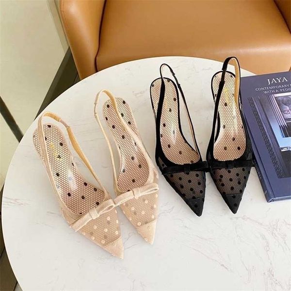 

women's korean-style polka dot mesh pointed high heel bowknot sandals 211101, Black