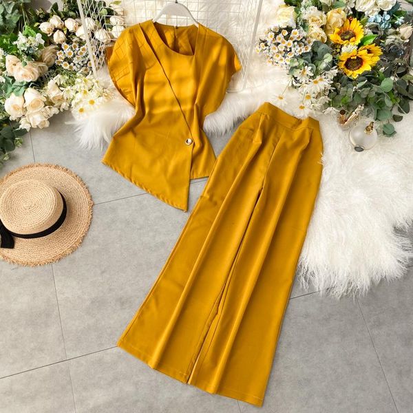 

two piece dress professional suit women's coat design sense female niche irregular temperament high waist wide leg pants, White