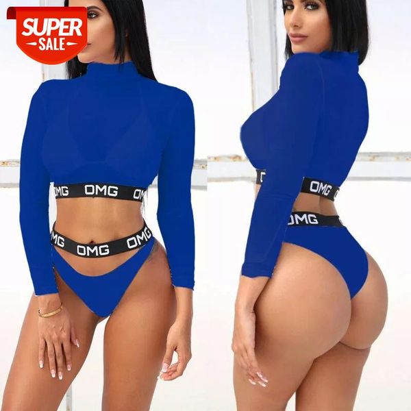 

3pcs women swimming long sleeve high waist bikini sets push-up padded bra mesh sheer swimsuit swimwear set beachwear #iv1u, White;black