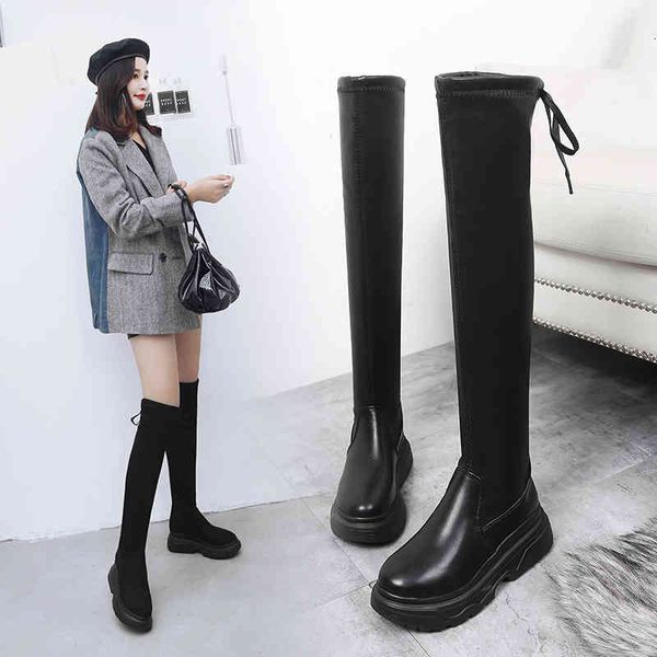 

boots shoes med heel -women platform booties ladies round toe thigh high heels lolita 2dsn, Black