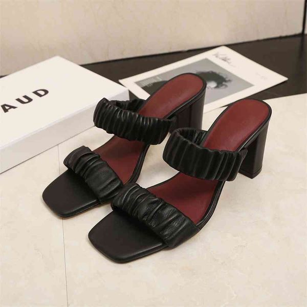 

80% off outlet store summer one line sandal leather sandal strap fold sheepskin high heels thick heel simple staud, Black