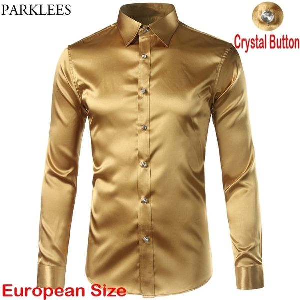 Gold glänzendes Satin-Seiden-ähnliches Hemd für Herren, glatt, lässig, Tanzparty, lange Ärmel, faltenfrei, Smokinghemd, Herren-Chemise 210522