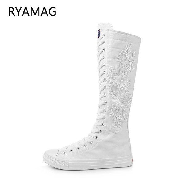 

boots ryamag 2021 women's canvas long dance shoes flats lace embroidery zipper comfortable vulcanize sneakers, Black