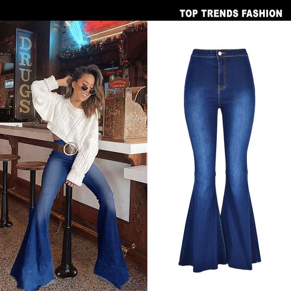 

women's high waist elastic thin wide leg pants big horn denim legs, Blue