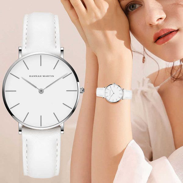 Hannah Martin Lässige Damenuhr mit Lederarmband Wasserdichte Damenuhren Silber Quarz-Armbanduhr Weiß Relogio feminino 210325