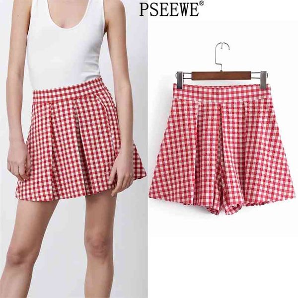 Verão shorts vermelho xadrez plissado cintura alta bermuda mulher moda lado zip solto casual mulheres calças curtas 210519