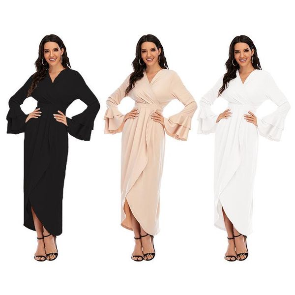 

ethnic clothing women muslim long maxi dress fashion pleated full flare sleeve irregular lace up ruffles solid color ankle length, Red