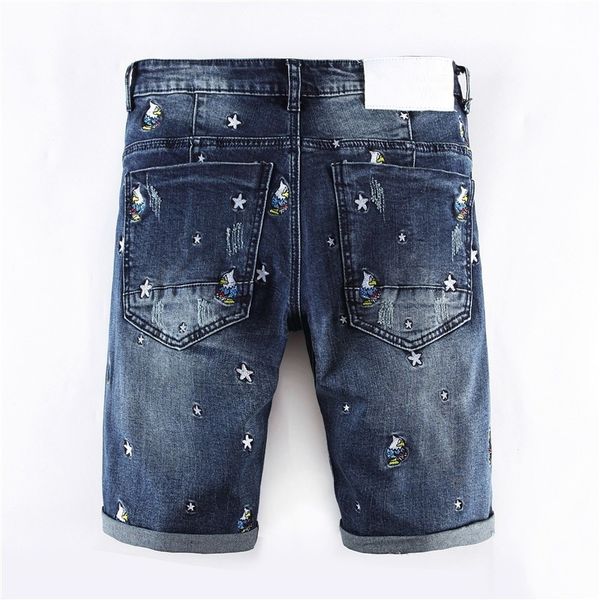 

men's jeans embroidered personality denim shorts of men thin european clothing casual elastic fitting men's breeches will see at k, Blue