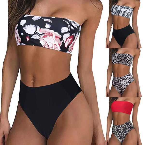 

women's swimwear summer 2 piece set bikini womens leopard print bandage push-up pad swimsuit beachwear ropa mujer, White;black