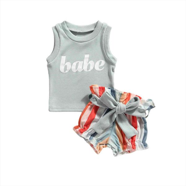 

fashion casual baby tank shorts bow belt vertical stripes rainbow pattern printing summer clothing, White