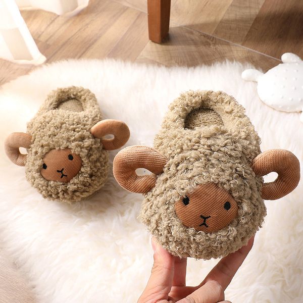

children cotton indoor kids slippers winter boys and girls home slippers baby non-slip cartoon sheep cute plush warming shoes, Black;red