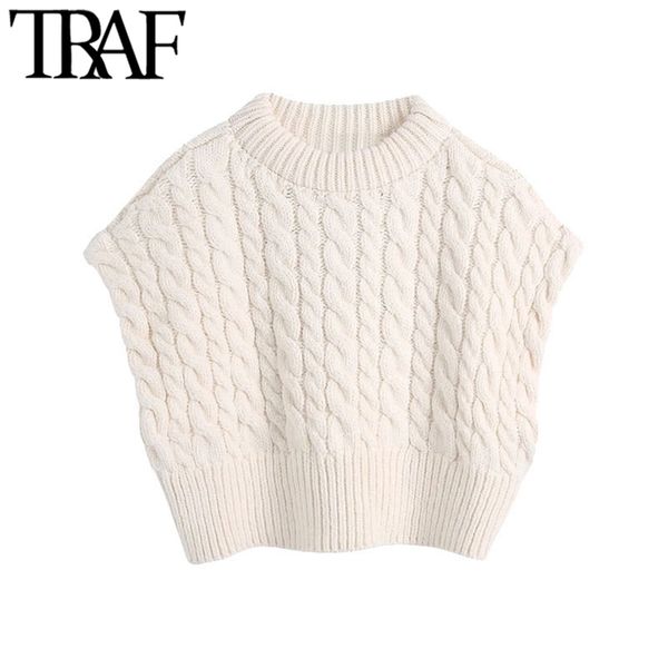 

women fashion loose cable-knit cropped vest sweater vintage o neck sleeveless female waistcoat chic 210507, White