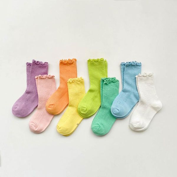 

girls boys calf ruffle half-knee socks kid fashion solid color mesh hosiery non-skid cotton soft casual dress foot wear rallytan, Pink;yellow