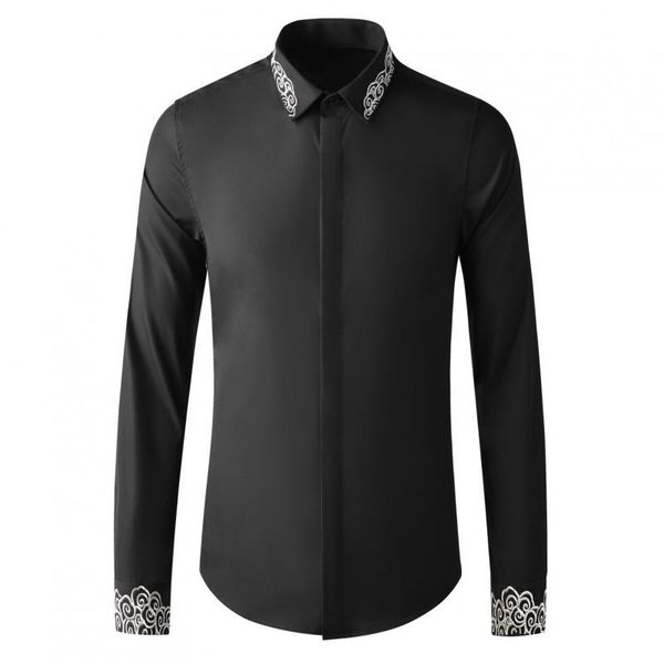 

minglu cotton male shirts luxury gold thread embroidery casual mens dress fashion slim fit party man plus size 4xl men's, White;black